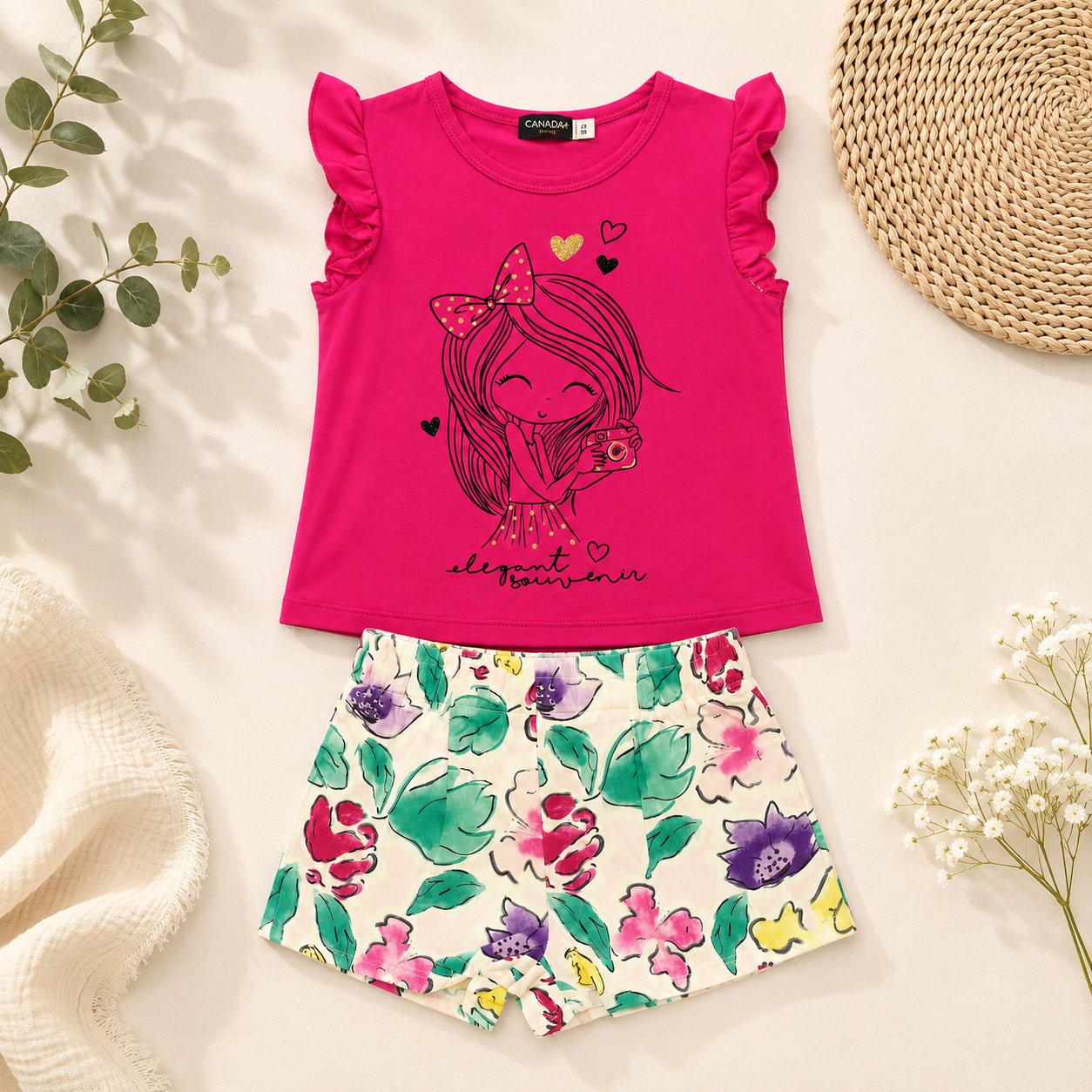 Ensemble t-shirt fuchsia à volants et short fleuri - Fille - Canada House