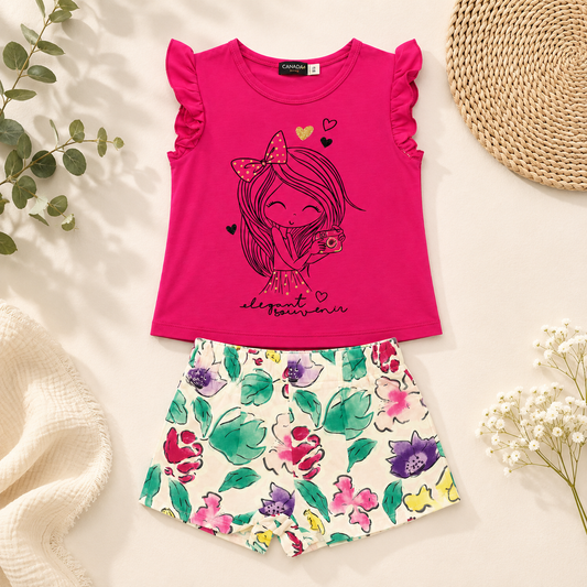 Ensemble t-shirt fuchsia à volants et short fleuri - Fille - Canada House