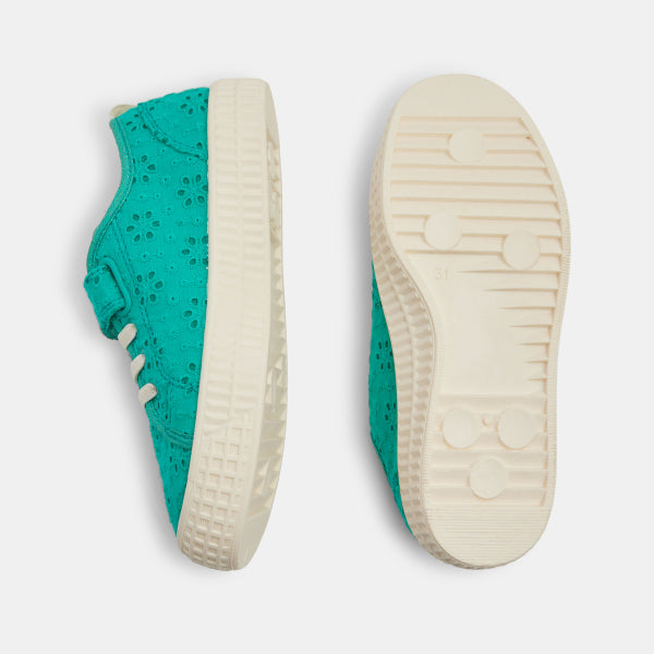 Chaussures en Toile Dentelle Vert Turquoise pour Enfant avec Semelle Crème