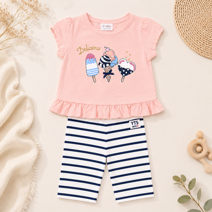 Ensemble t-shirt rose glaces et cycliste rayé marine - Bébé fille - Yatsi
