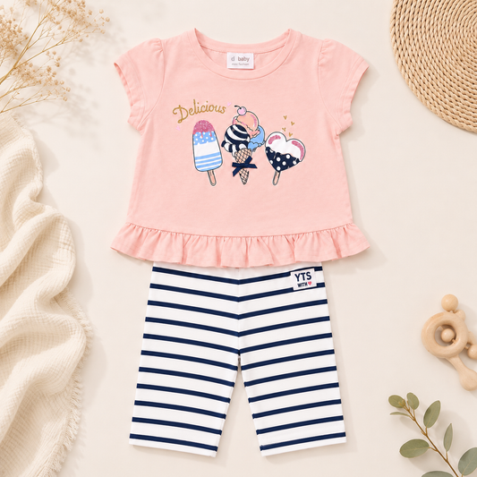 Ensemble t-shirt rose glaces et cycliste rayé marine - Bébé fille - Yatsi