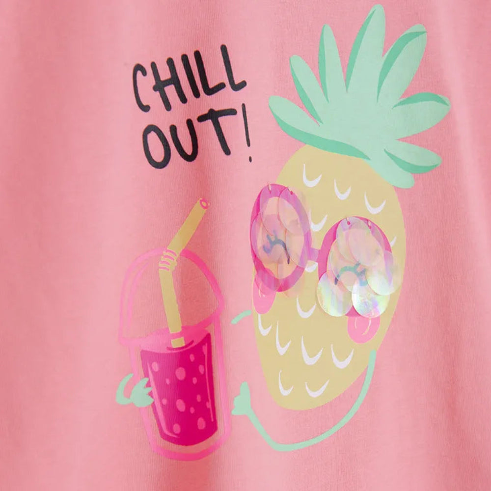 T-shirt court rose "Chill Out" à franges et motif ananas