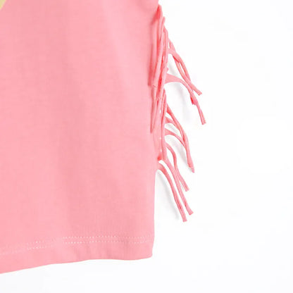 T-shirt court rose "Chill Out" à franges et motif ananas