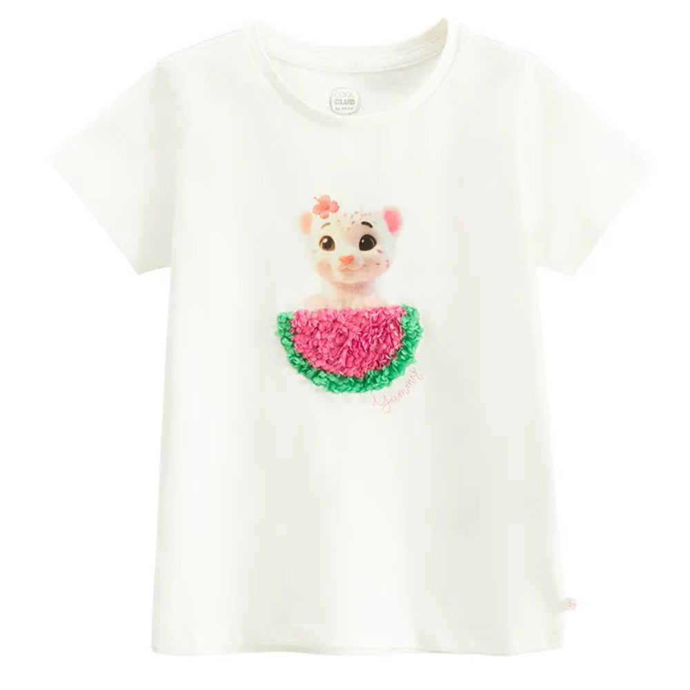 T-shirt Blanc Fille avec Motif Animal et Pastèque en Relief - Cool Club