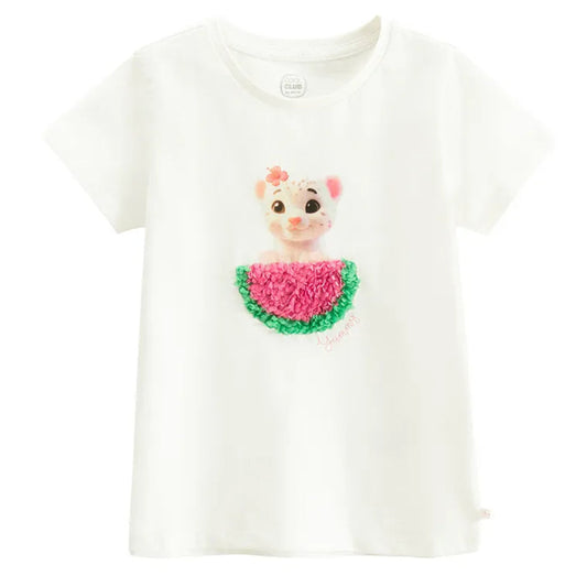 T-shirt Blanc Fille avec Motif Animal et Pastèque en Relief - Cool Club