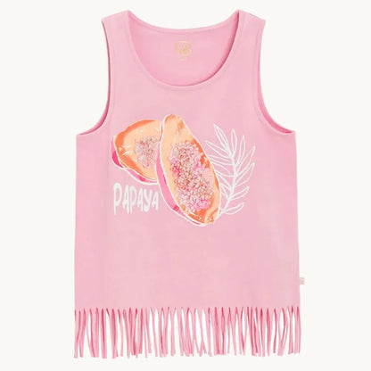 Top d'Été Rose Fille avec Imprimé Papaye et Franges
