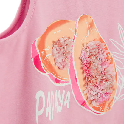 Top d'Été Rose Fille avec Imprimé Papaye et Franges