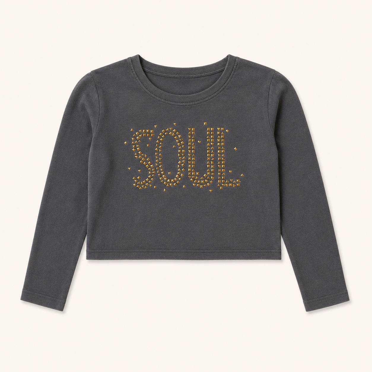 Crop top manches longues gris anthracite avec clous dorés « SOUL »