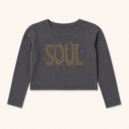 Crop top manches longues gris anthracite avec clous dorés « SOUL »