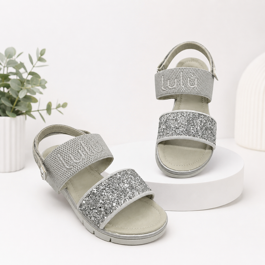 Sandales grises à paillettes et logo