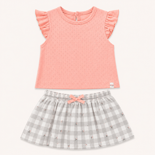 Ensemble 2 pièces fille : top corail à volants et jupe-short à carreaux – Canada House