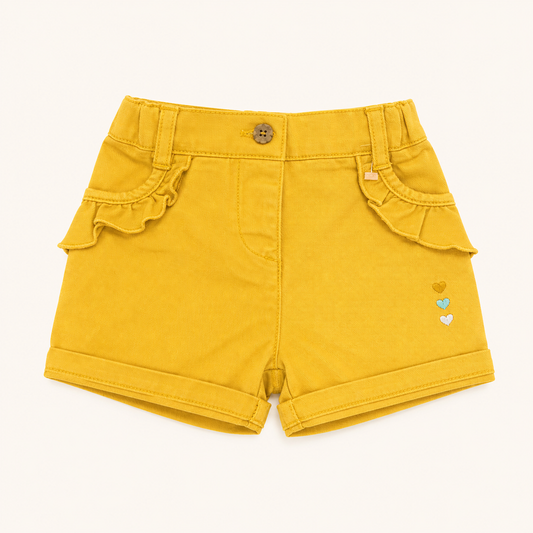 Short en toile jaune moutarde à volants et broderie cœurs – Orchestra