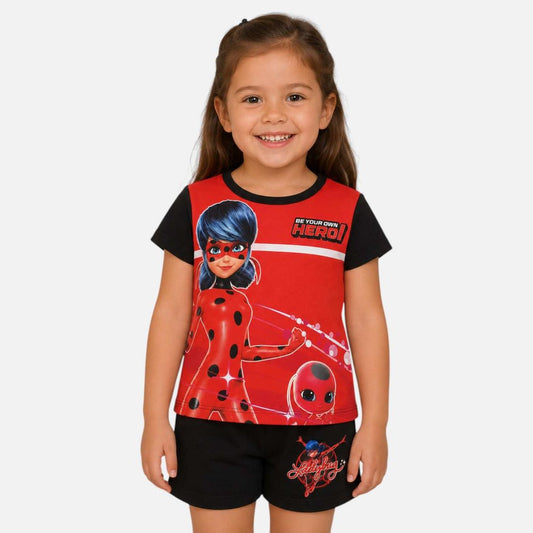 Ensemble d'été Miraculous Ladybug pour fille – T-shirt rouge et noir et short assorti Zag Heroez