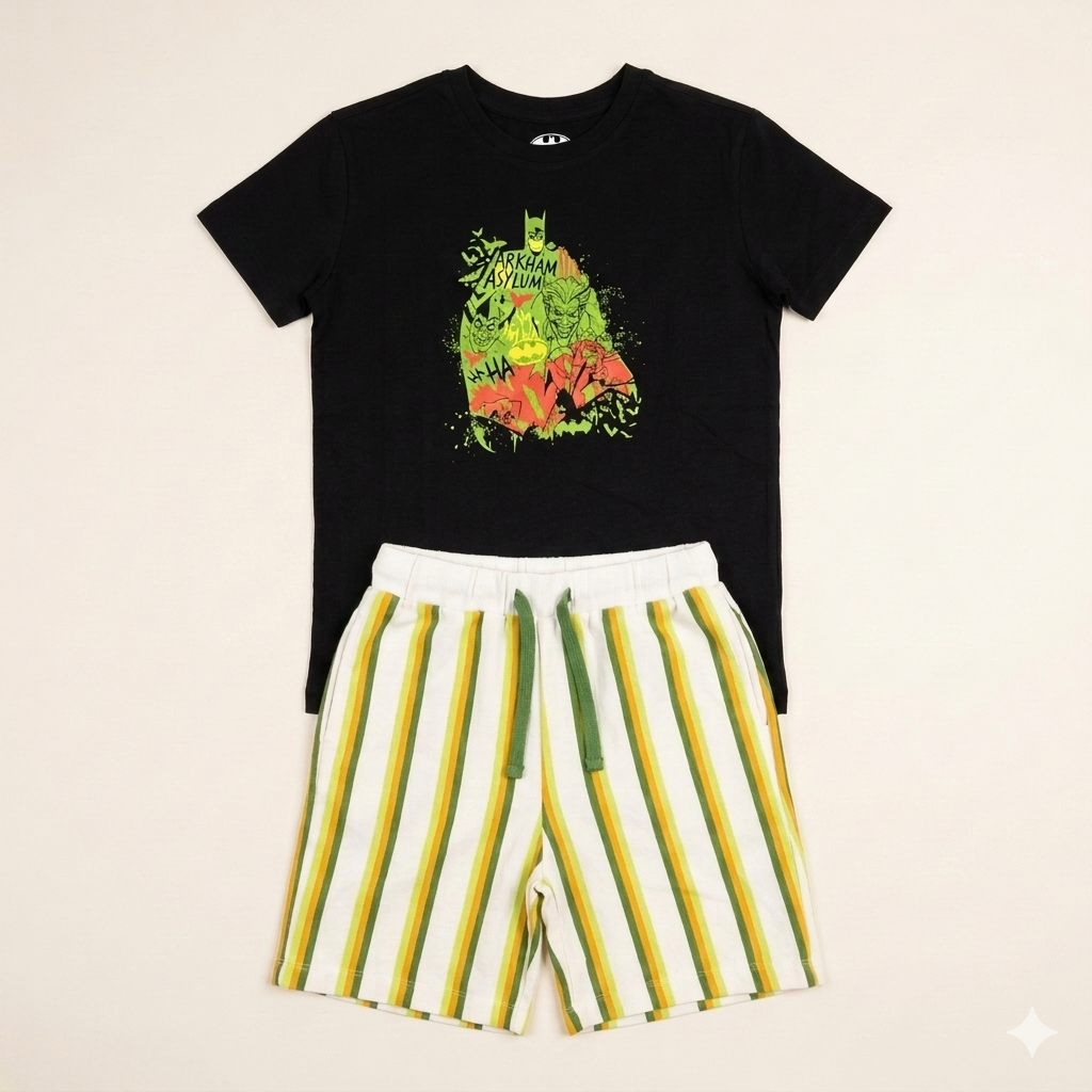 Ensemble Garçon Sinsay - T-shirt Noir Batman & Short Rayé Vert/Jaune
