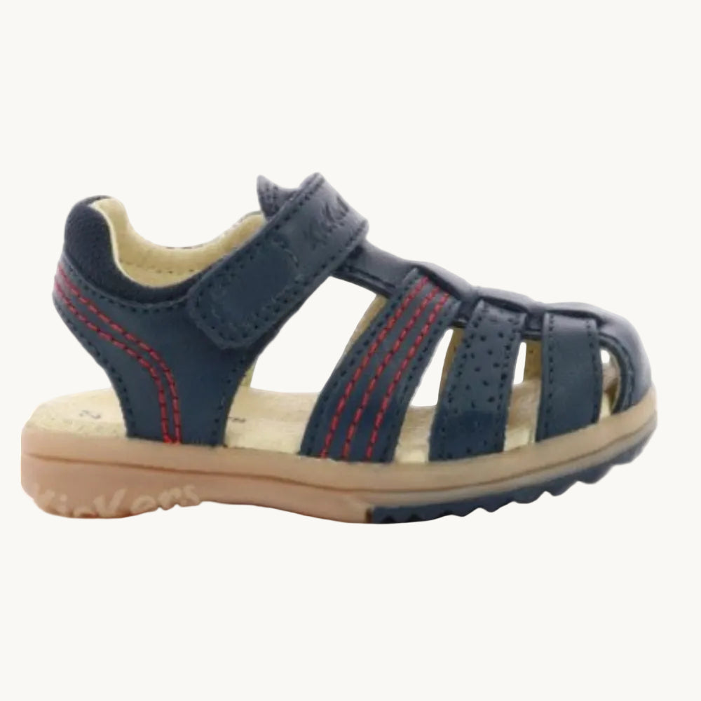 Sandales Premiers Pas Enfant Kickers – Cuir Bleu Marine et Surpiqûres Rouges