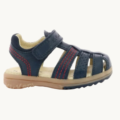 Sandales Premiers Pas Enfant Kickers – Cuir Bleu Marine et Surpiqûres Rouges