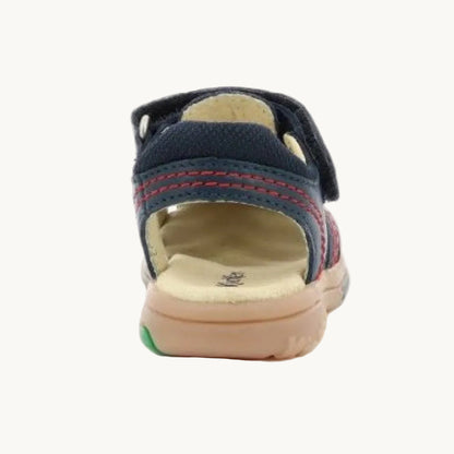 Sandales Premiers Pas Enfant Kickers – Cuir Bleu Marine et Surpiqûres Rouges