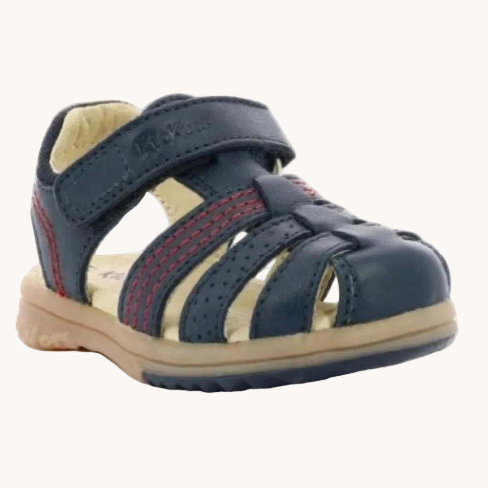 Sandales Premiers Pas Enfant Kickers – Cuir Bleu Marine et Surpiqûres Rouges